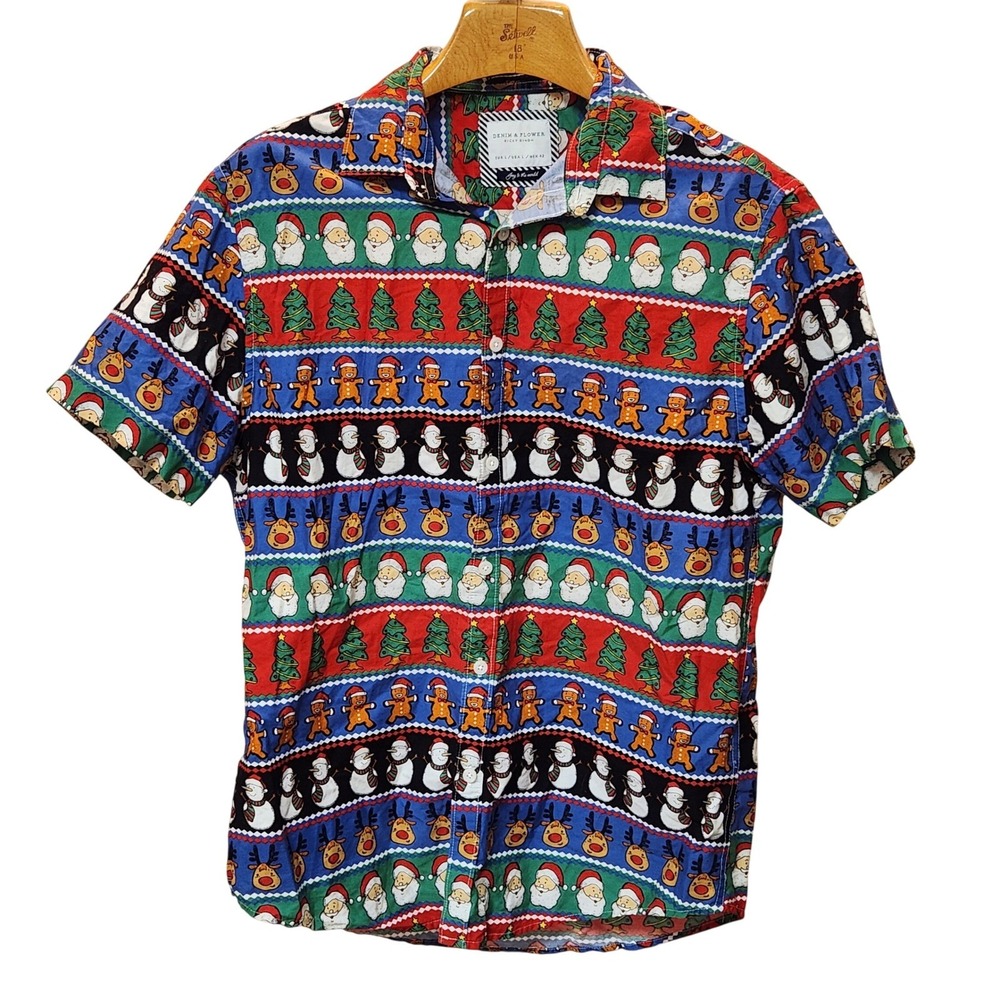 Denim & Flower Ricky Singh Mens Large Christmas Holiday Santa Reindeer Shirt L
